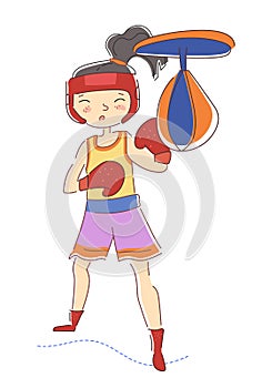 Determined young girl boxer wearing colorful red boxing gloves working out in a gym punching the pummel bag isolated on