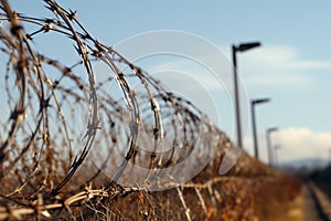 Deterrent boundary Barbed wire guards the confines of restricted territory