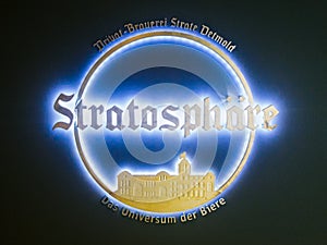 The sign "Stratosphere" of the private brewery "Strate" in Detmold, Germany
