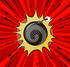 Detonation of bomb, cannonball. Burning wick, boom, explosion concept. Pop art retro comic style. Cartoon vector