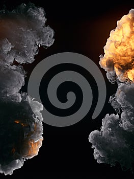 Detonation with dark smoke on a black background. Abstract hot explosion. 3d rendering background. Digital illustration