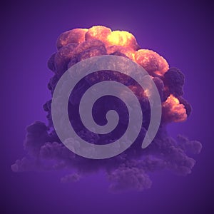 Detonation with large plumes of violet chemical smoke. 3d rendering illustration