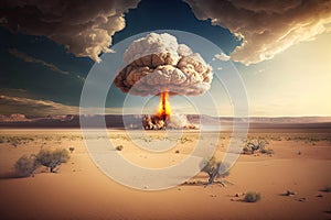 detonation of nuclear bomb in desert, with mushroom cloud rising above the horizon