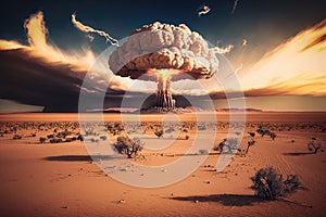 detonation of nuclear bomb in desert, with mushroom cloud rising above the horizon