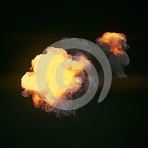 Detonation with orange fire and thick smoke on dark background. 3d rendering digital illustration