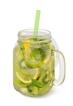 Detox beverage of kiwi, lemon, mint  and water in jar glass , isolated on white background