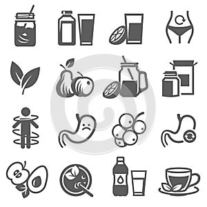 Detox, cleanse bold black silhouette icons set isolated on white. Fruit diet, freshly squeezed juice.