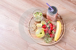 Detox cleanse drink, fruits and berries smoothie ingredients. Natural, organic healthy juice for weight loss diet or