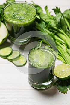 Detox concept. Glass jar of fresh drink green smoothie, spinach