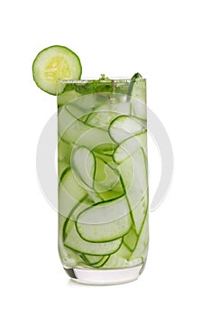 Detox cucumber and mint diet drink on white background.