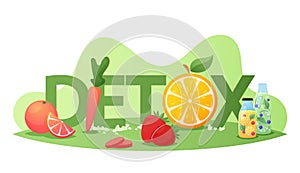 Detox Diet Concept. Healthy Nutrition, Detoxing Program Food Fruits, Berries and Vegetables , Organic Orange, Carrot