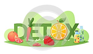 Detox Diet Concept. Healthy Nutrition, Detoxing Program Food Fruits, Berries and Vegetables , Organic Orange, Carrot photo