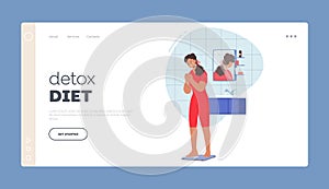 Detox Diet Landing Page Template. Unhappy Young Girl Standing On Weight Scales. Health Awareness, Dieting
