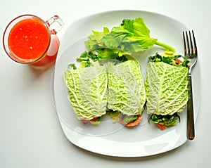 Detox diet with raw vegan rolls and red orange juice as an alkaline diet concept