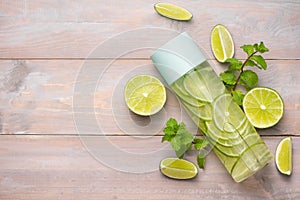 Detox Infused Water with Lime and Mint in Sports Bottle, with slices of lime.