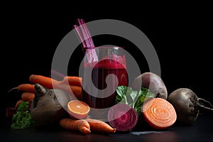 detox juice with beets, carrots, and ginger sitting on sleek black background