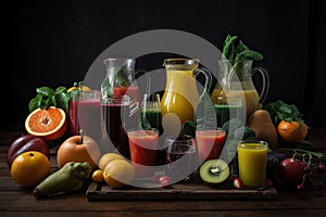 detox juice feast, with variety of juices served in glass and metal pitchers