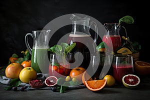 detox juice feast, with variety of juices served in glass and metal pitchers