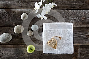 Detox lifestyle concept with flat lay still life, wood background