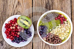 Detox menu with fresh fruit, chia seeds and cereal for breakfast. Healthy food