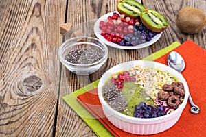 Detox menu with fresh fruit, chia seeds and cereal for breakfast. Healthy food