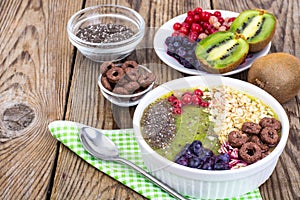 Detox menu with fresh fruit, chia seeds and cereal for breakfast. Healthy food