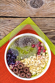 Detox menu with fresh fruit, chia seeds and cereal for breakfast. Healthy food