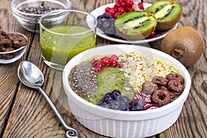 Detox menu with fresh fruit, chia seeds and cereal for breakfast. Healthy food