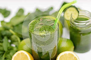 Detox program to cleanse the body of toxins with green cocktails made from spinach, lemon, mint and lime