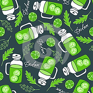 Detox seamless pattern. Green liquid with cucumbers slice in smoothie mug, lime slice, rukkola, lettering Detox on dark