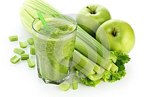 Detox smoothie with celery and apple on a white background.