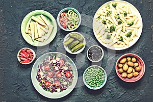 Detox, vegetarian food, broccoli, Manicotti, keno salad, olives, cherry tomatoes, pickles, pickled corn, hot chili pepper