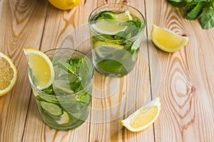 Detox water, fresh organic lemonade with ice, cucumber, lemon an