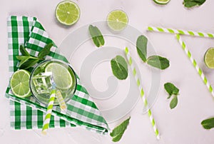 Detox water with lime and mint in glass.