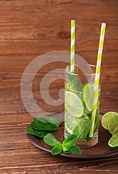 Detox water with lime and mint in glass.