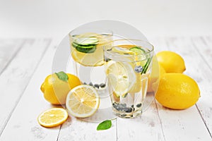 Detox water with sliced lemon, cucumber and blueberries. Diet healthy eating and weight loss. Ice cold summer cocktail or lemonade