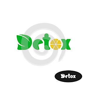 Detox word logo. Leaves and lemon slice.