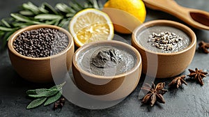 detoxifying clay mask is displayed alongside natural ingredients like lemon, seeds, and herbs, creating refreshing GenerativeAI photo