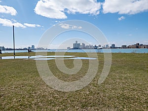 Detroit downtown skyscrapers from sunset point on Belle Isle