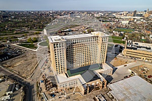 Aerial view of historic Michigan central train station in Detroit was closed in 1988 and under renovation now to reopen in the