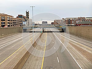 I-75 in Downtown Detroit, Michigan is vacant at Mid-day as Coronavirus scare has Governor enact `Stay At Home Order` photo