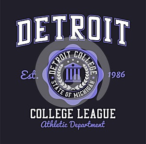 Detroit, Michigan t-shirt design. Typography graphics for college tee shirt. Detroit college, varsity style apparel print. Vector