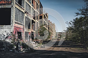 Detroit, Michigan, United States - October 2018: View of the abandoned Packard Automotive Plant in Detroit. The Packard