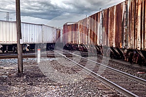 Detroit Railroad Trains merging on busy tracks