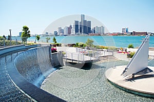 Detroit Scenic Taken From Canada With Waterfall in foreground