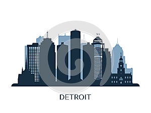Detroit skyline, monochrome silhouette.