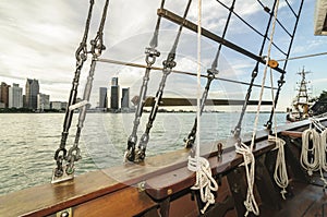 Detroit skyline thru tallship rigs