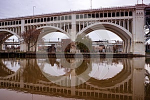 Detroit Superior Bridge, officially known as the Veterans Memorial Bridge over Cuyahoga River in Cleveland, Ohio, USA