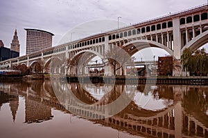 Detroit Superior Bridge, officially known as the Veterans Memorial Bridge over Cuyahoga River in Cleveland, Ohio, USA