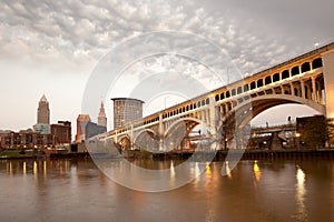 Detroit Superior Bridge over Cuyahoga River and downtown skyline in Cleveland